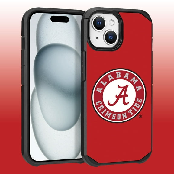 Apple iPhone 15 Plus (6.7) / Apple iPhone 14 Plus (6.7) - Licensed NCAA University of Alabama Crimson Tide Logo on Red Textured Dual Layer Case