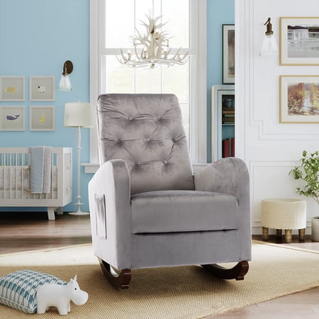 Tan Modern Tufted Accent Rocking Chair, Upholstered Nursery Glider Rocker with High Backrest for Baby and Kids