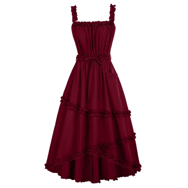 Hotojiny Women's Vintage Dress Sleeveless Spaghetti Strap Backless Maxi Dress Waist Tie A Line Flowy Long Dress with Pocket, Size: Large, Red