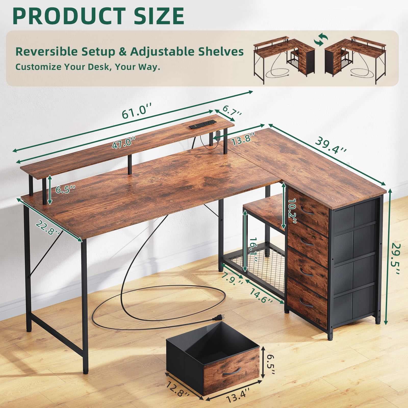Eunos 61 inch L Shaped Gaming Desk with Power Outlets & LED Light, Computer Desk with 4 Tiers Drawers for Home Office, Wood Grain Print