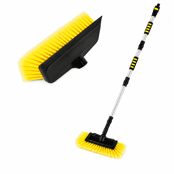 Extendable Car Wash Brush with Long Handle, Flow-Thru Water Fed Cleaning Brush Head, Aluminum Pole Washing Tool for Car, Truck, RV, Boat & Home Siding