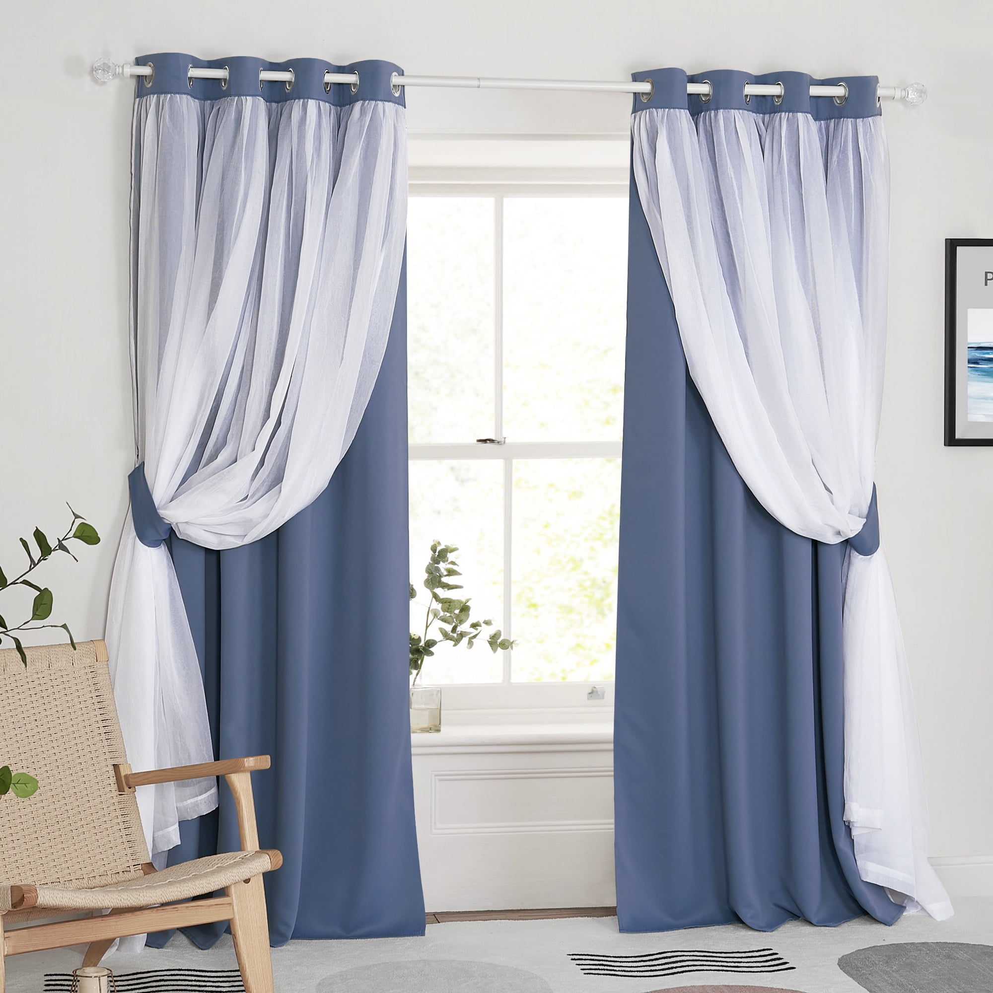 NICETOWN Double Layer Curtains for Bedroom, Solid Ruffle Blackout Grommet French Country Elegant Layered Curtains, Blue Haze, W52 x L84, Set of 2