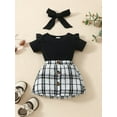 thumbnail image 3 of vera natura Baby Girls 3 Piece Outfit Ruffles Short Sleeve Rompers and Plaid Print Button Skirt Headband Summer Clothes Set, 3 of 9