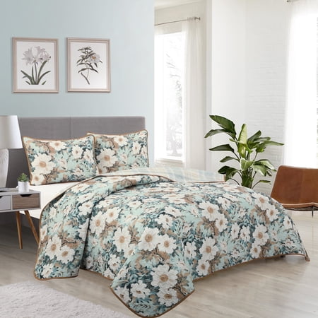 Lanco All Season Green White Floral Quilt Set King Size Bedspread With Pillow Shams Printed Coverlets