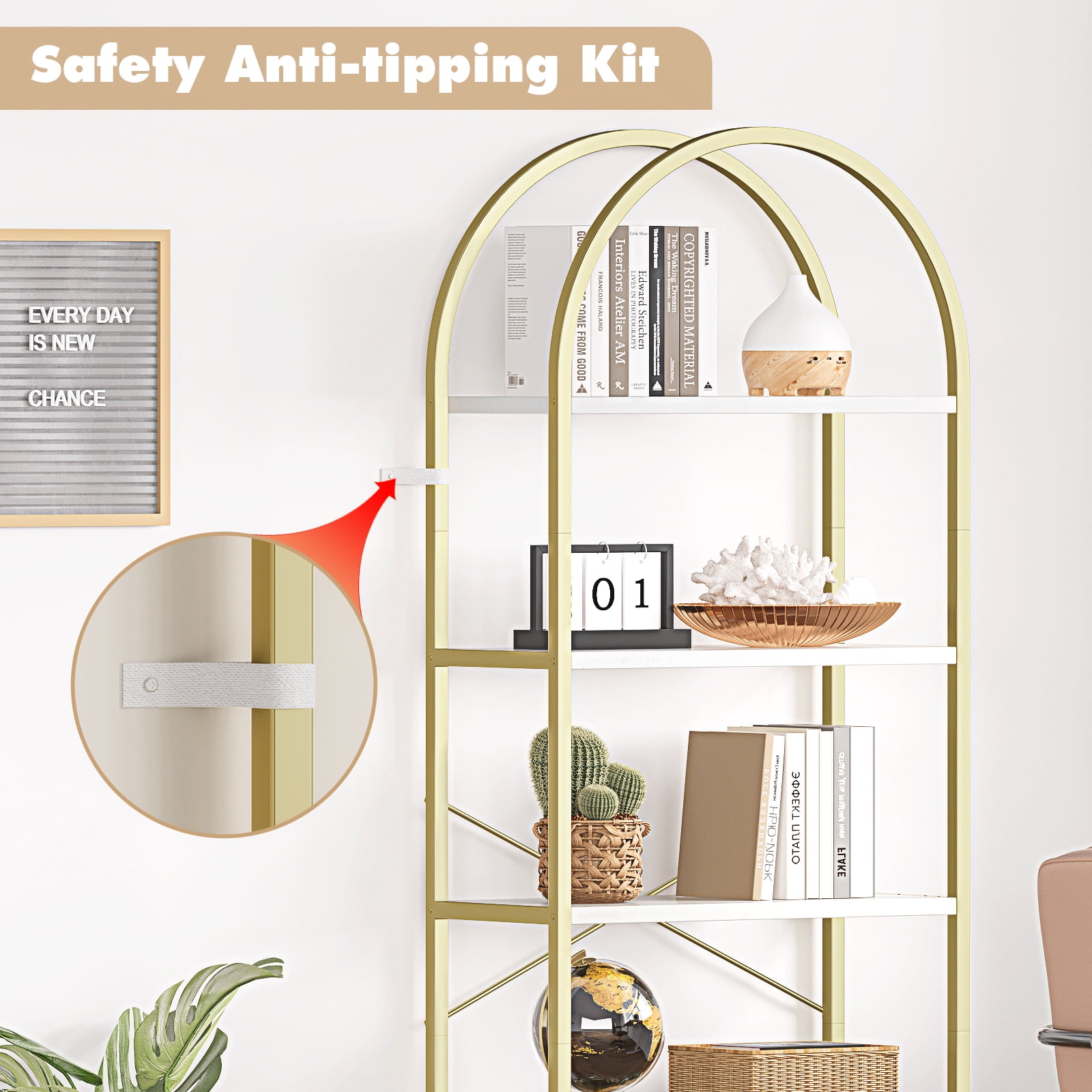 Memoryfield 5 Tier Bookcase, Arched Display Racks Bookshelves, Metal Frame Modern Storage Rack Shelf Large Wood Book Shelf for Bedroom, Living Room, Home Office, Golden + White