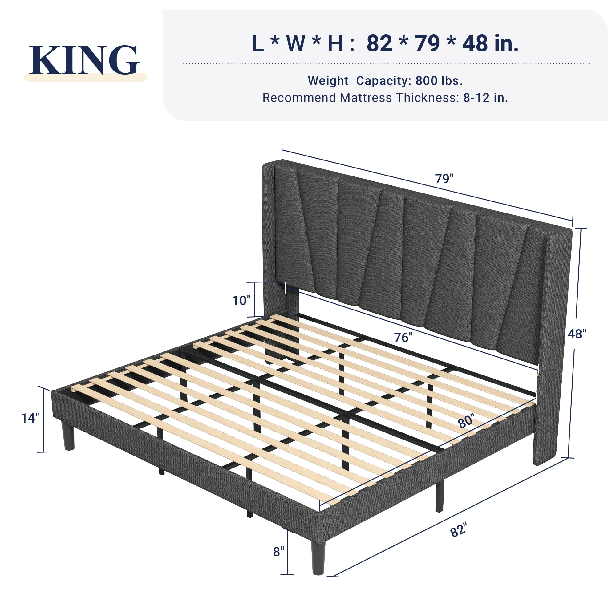 Allewie King Bed Frame, Upholstered Platform Bed with Wingback and Geometric Headboard, Gray