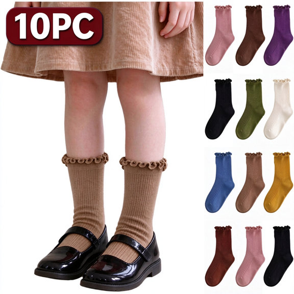 Spazoro Girls 10 Pairs Mid Calf Socks, Stretchy Cotton Solid Color Soft Casual Ruffled Crew Socks Multicolor Size 1T-12Y
