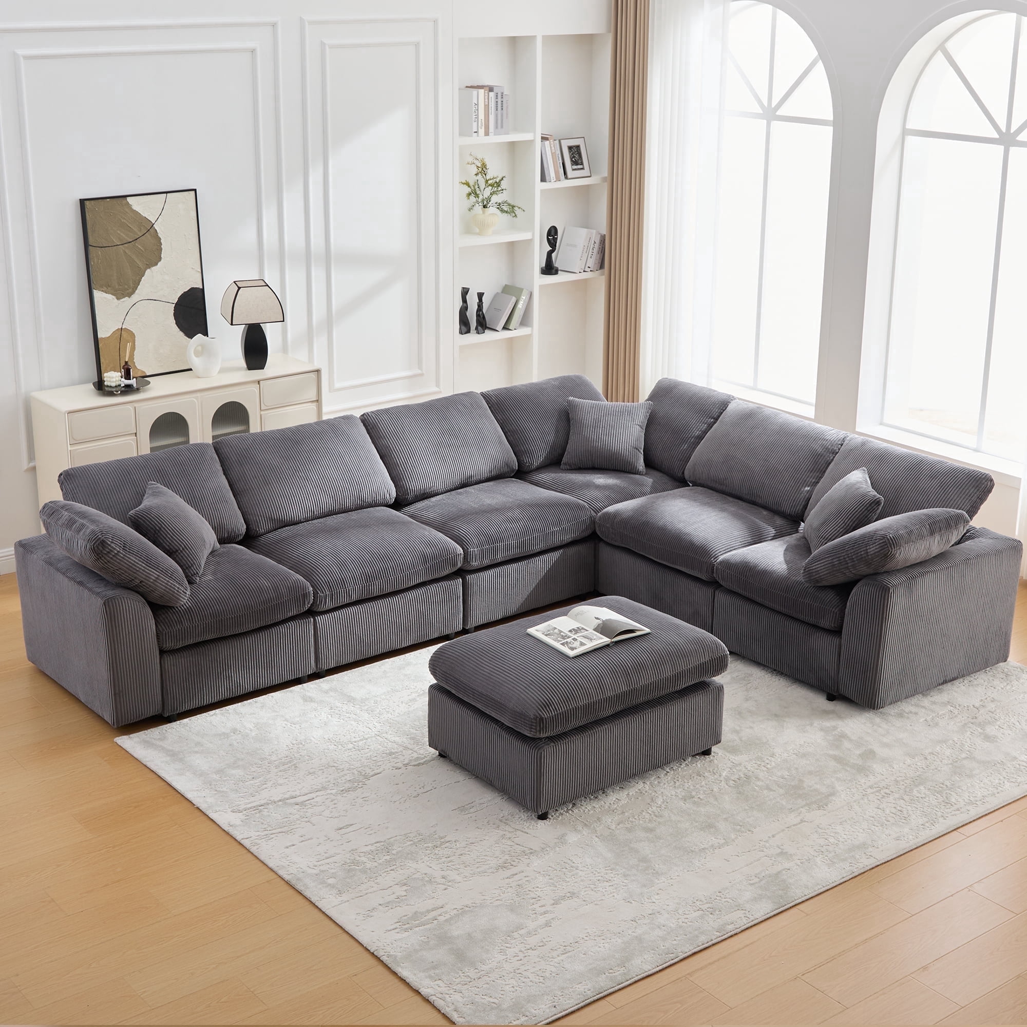 BINBANK Oversized 7-Seater Modular Sectional Sofa with Solid Wood Frame, Corduroy L-Shaped Sectional Couch with Movable Ottoman  Gray