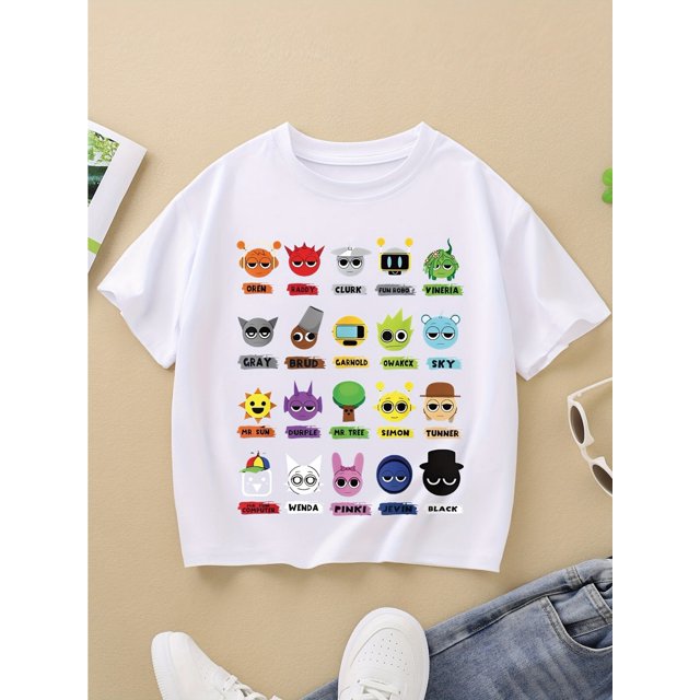 Kids' Colorful Cartoon Print T-Shirt - Breathable Stretch Knit, Round Neck, Short Sleeve, Fun & Playful Design for Boys and Girls, Casual Summer Top Youngsters Tshirt Round Neck Shirt