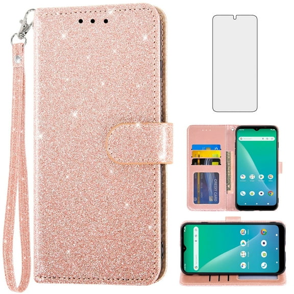 Asuwish Compatible with Hot Pepper Chilaca Wallet Phone Case and Tempered Glass Screen Protector Flip Credit Card Holder Stand Bling Glitter Cell Cover for HPPL60A HPP-L60A 6.5 Women Pink