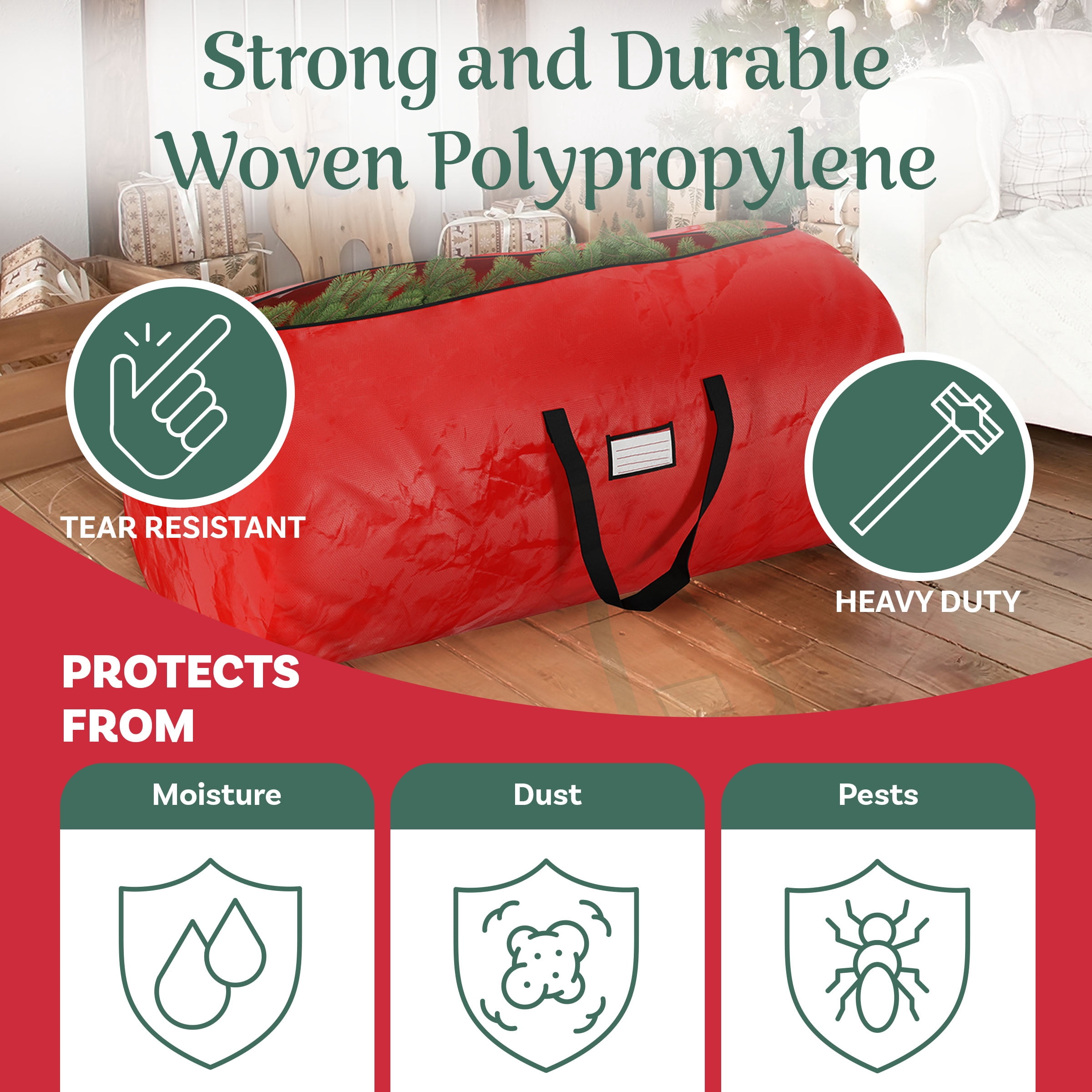 Elf Stor Christmas Tree Storage Bag for 12ft Artificial Trees, Heavy-Duty with Handles, Red, Zippered