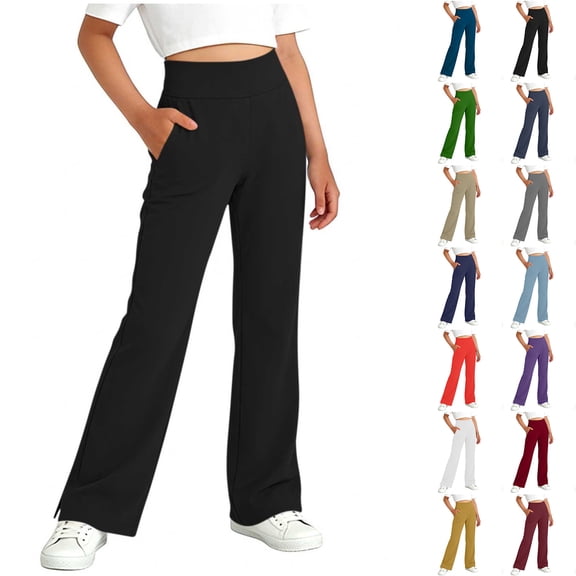 JTSRKL Wide Leg Yoga Pants for Teen Girls High Waist Stretch Dress Bootcut Flared Pants with Pockets Casual Split Hem Sweatpants Kids Dance Bell Bottoms Leggings Yellow 14-15 Years