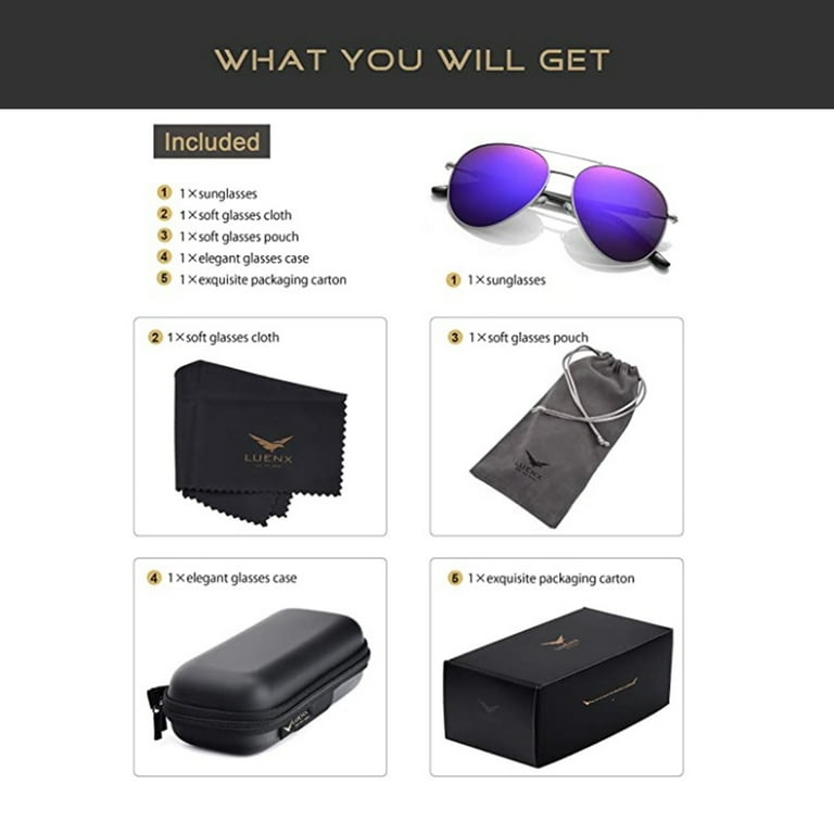 LUENX Aviator Sunglasses for Women Polarized Mirror with Case UV 400 Protection 60MM Purple