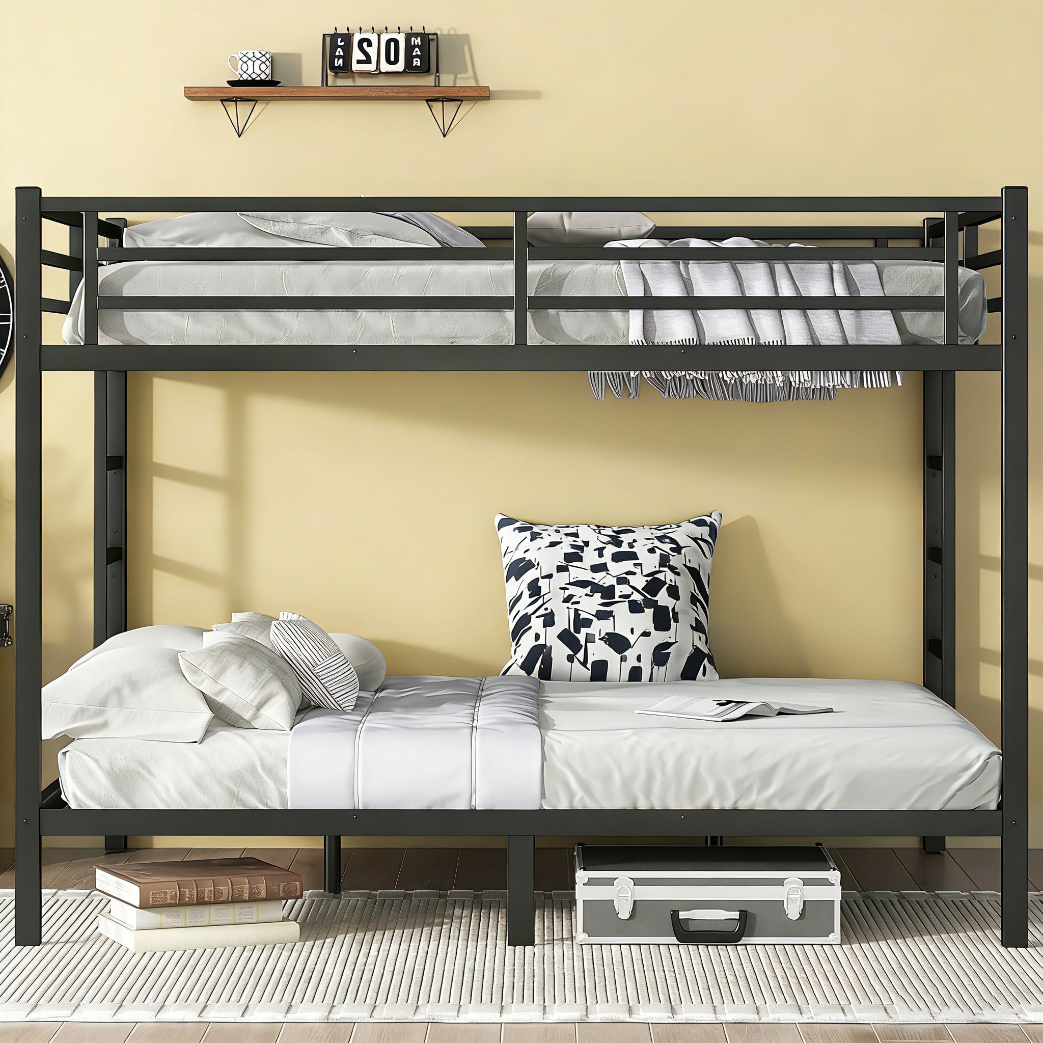 Queen Over Queen Bunk Bed Frame, Heavy Duty Metal Bunk Beds with with 2 Side Ladders, Industrial Style Queen Size Bunk Bed for Bedroom-Black