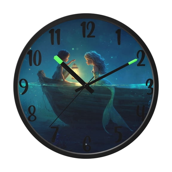RMDQTR 12 Inch Sound-Activated LED Night Light Wall Clock Silent Sweep Movement Acrylic Face Battery-Operated for Bedroom/Living Room/School / Girl and Mermaid
