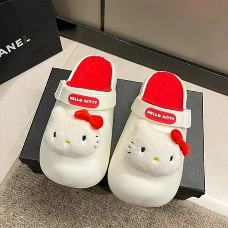 

Sanrio Hello Kitty New Plush Lined Slippers Women Autumn Winter Outdoor Cute Fuzzy Slippers Y2k Korean Fashion Thick Sole Shoes