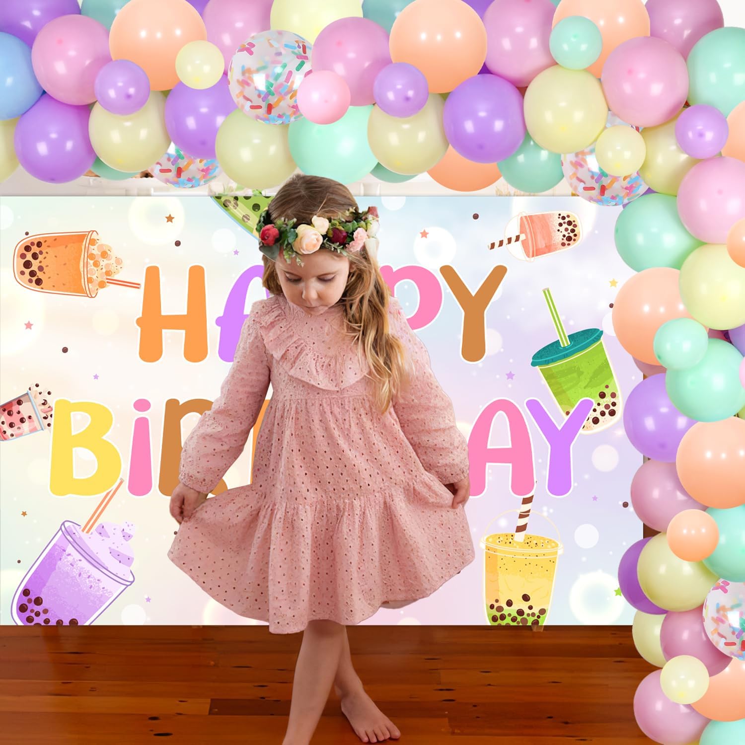 Boba Tea Birthday Party Decorations Milk Tea Happy Birthday Backdrop Macaron Rainbow Balloon Garland Arch Kit for Boys Girls Birthday Party Decor Supplies