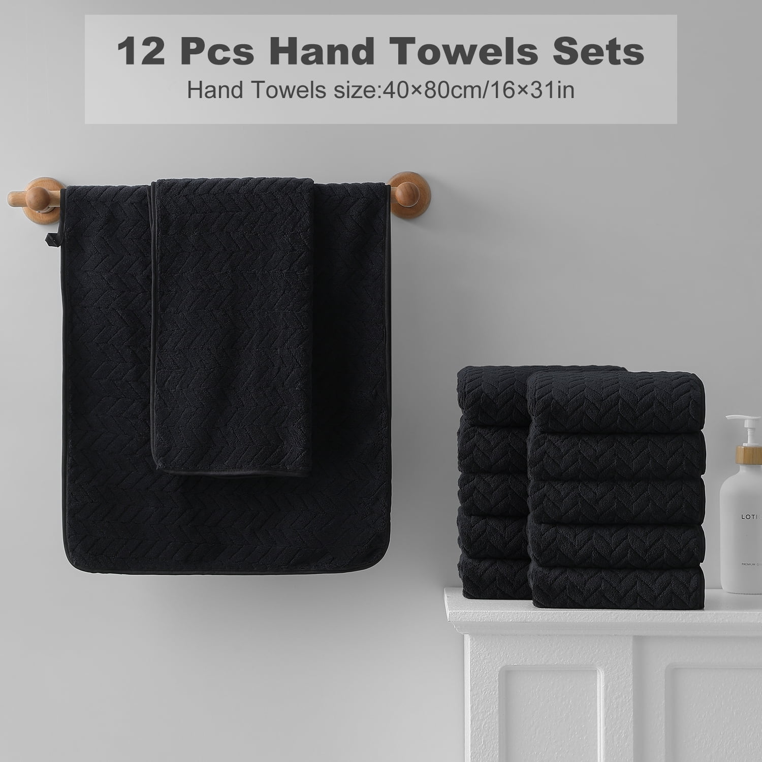Jessy Home 12 Pack Black Hand Towel Set 16"x31" Soft Highly Absorbent Quick Dry Bathroom Bath Hand Towels Microfiber Plush Towels