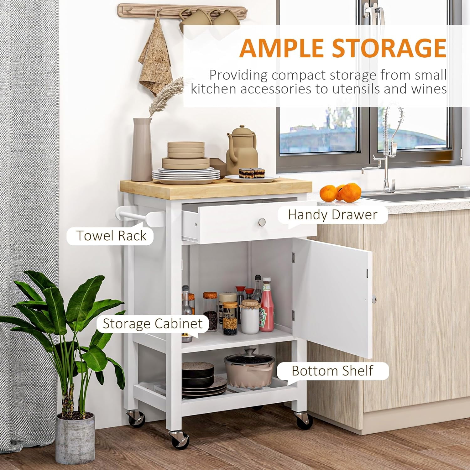 Utility Kitchen Cart, Rolling Kitchen Island with Smooth Rubberwood Top, Narrow Butcher Block Surface on Wheels with Storage Drawer & Cabinet, White