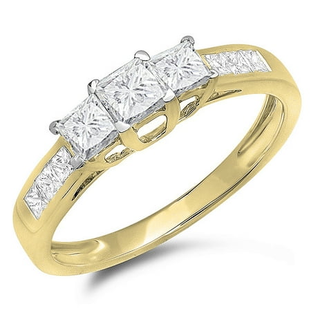 1.00 Carat (ctw) 14K Yellow Gold Princess Cut Diamond Ladies 3 Stone Bridal Engagement Ring 1 CT