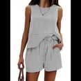 thumbnail image 3 of Conjunto de Dos Piezas de Verano para Mujer: Camiseta Sin Mangas y Pantalones Cortos A Juego, Chándal de Algodón A Rayas, Rayas Negras, Talla XL, 3 of 8