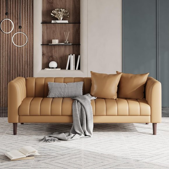 IdealHouse 78" Faux Leather Sofa Couch, Modern 3-Seater with Deep Seats, 2 Throw Pillows, Wood Legs, for Living Room, Apartment or Bedroom, Brown