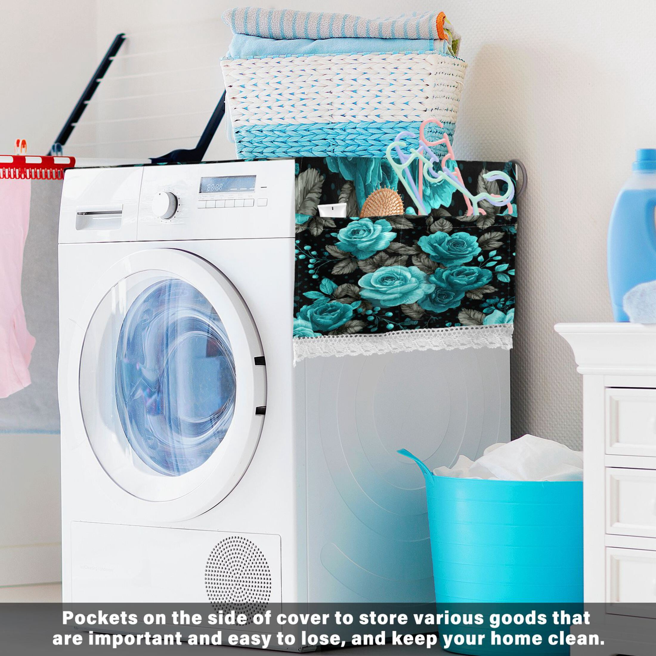 Wobogo Vintage Teal Rose Washing Machine Cover Dustproof Washer Dryer Cover Waterproof Laundry Room Decorative Protector