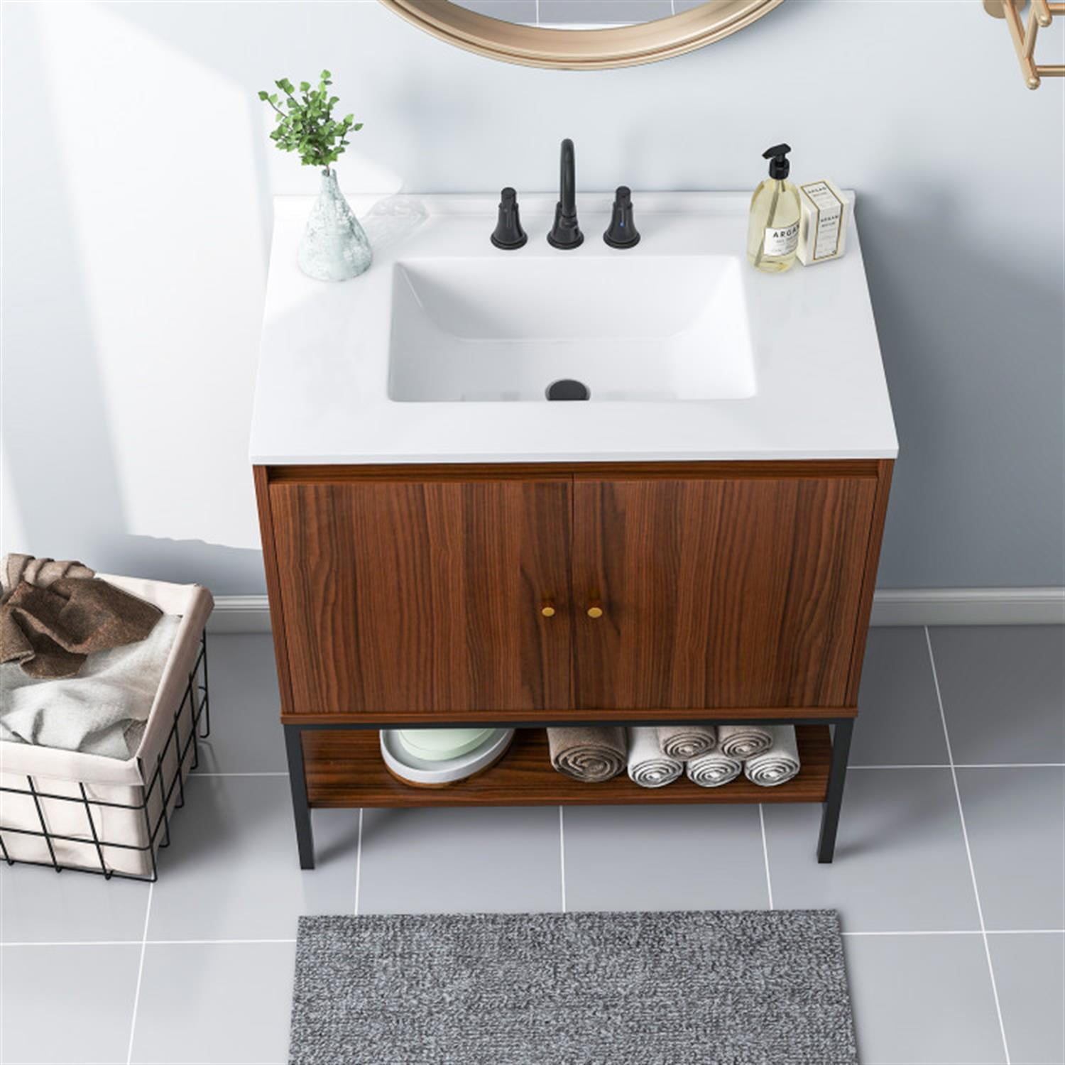 Demi Bonn 31" Bathroom Vanity Sink Combo with Doors and Open Shelf for Small Space, Walnut