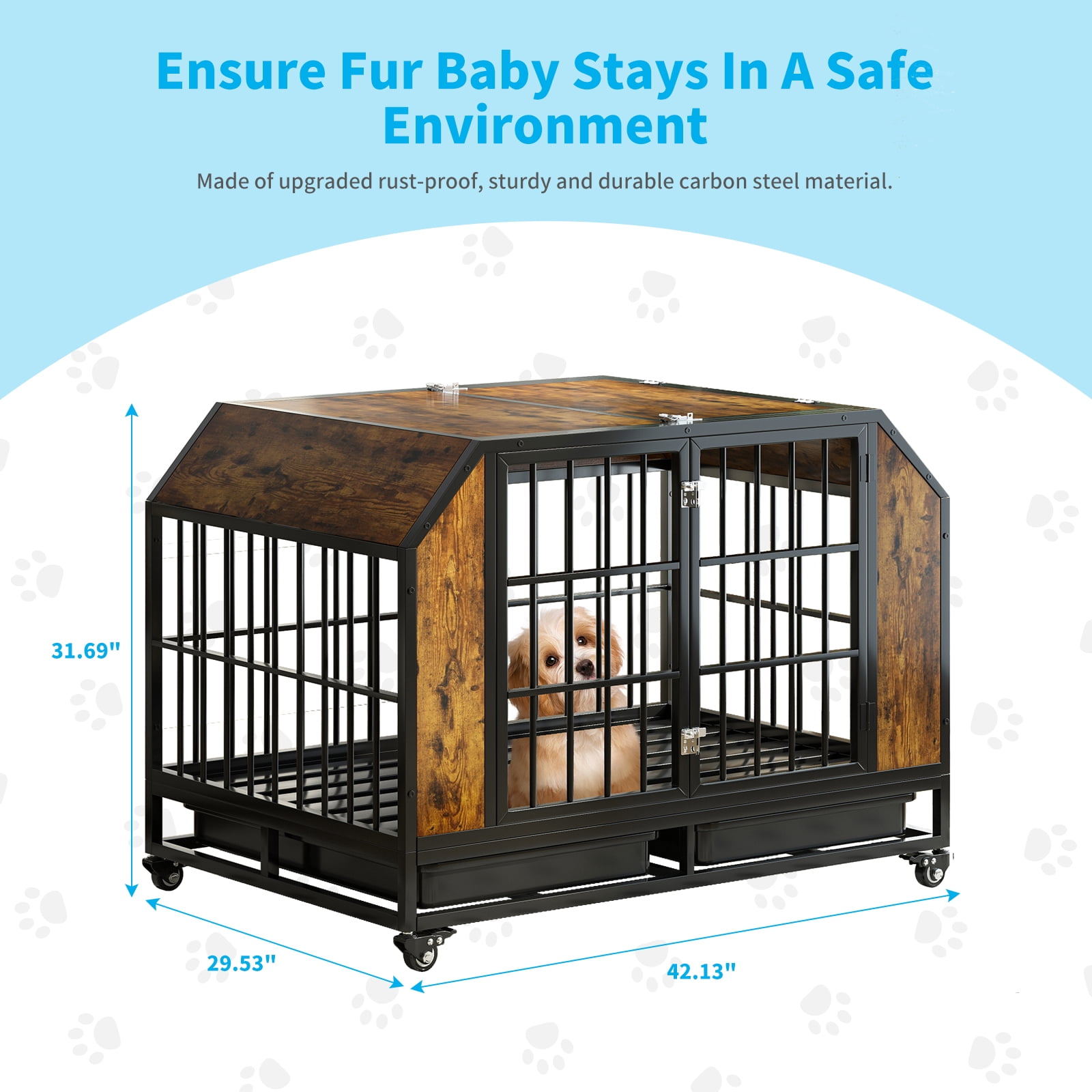 TABU 42" Furniture Style Dog Crate, Wooden Dog Kennel, Heavy Duty Dog Crate with Lockable Wheels, Rustic Brown