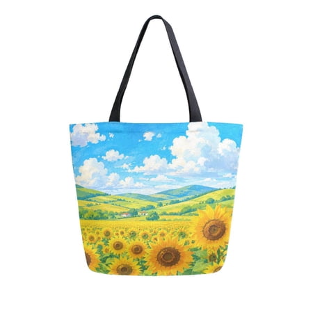 Large Opening Canvas Tote Bag Thickened Durable Shopping Bag Casual Commuter Handbag Lightweight Reusable Daily Bag Summer Sunflower Countryside
