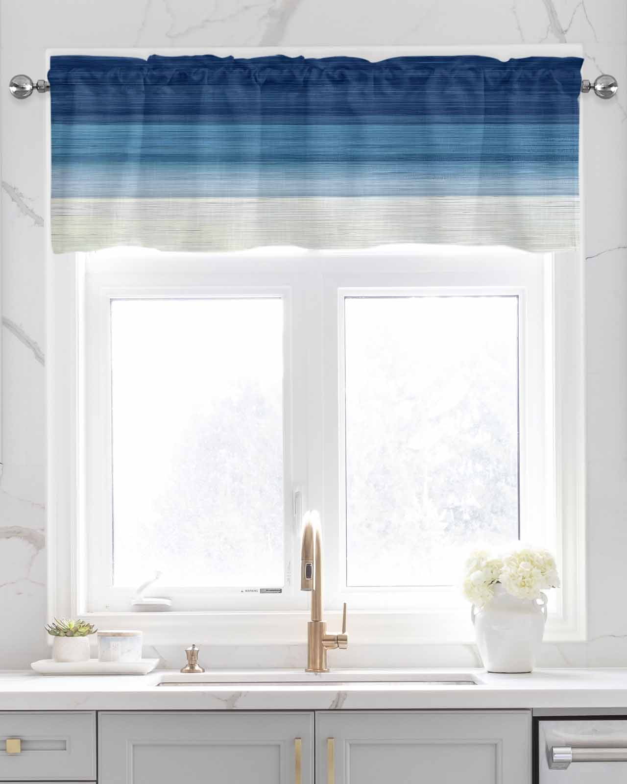 Navy Blue Striped Kitchen Valances for Windows Farmhouse Linen Window Valance Curtain for Living Room Window Treatment Modern Abstract Art Farmhouse Stripe Valance Rod Pocket Topper, 42 x 18 Inch