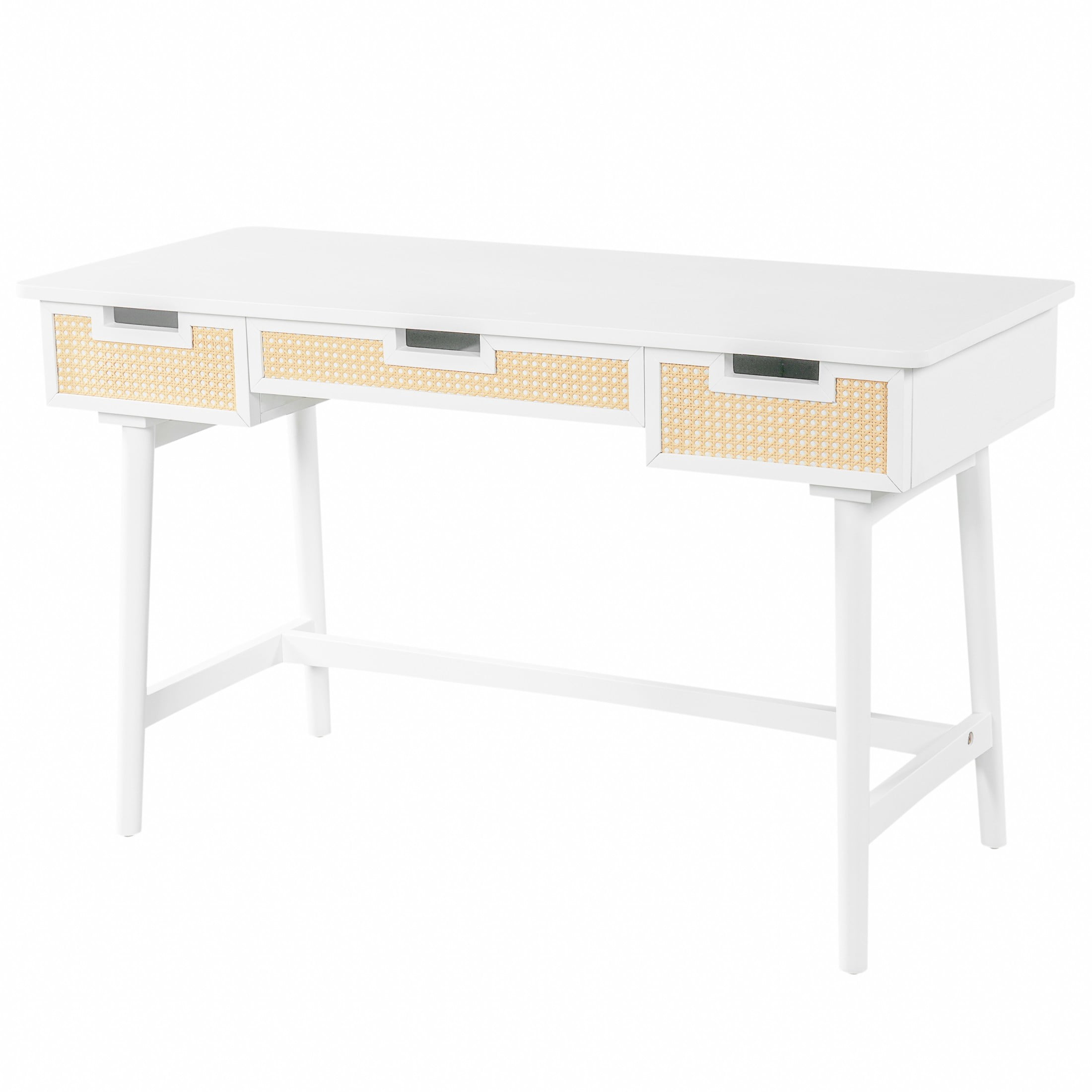 Christopher Knight Home 51" Writing Desk with 3 Rattan Drawers, Wood Vanity Workstation, White