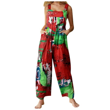 

Summer Savings Clearance! KBODIU Jumpsuits for Women Ethnic Style Patchwork Vintage Printed Buttons Suspender Wide Leg Pants Rompers Bodysuit for Women Red XXL