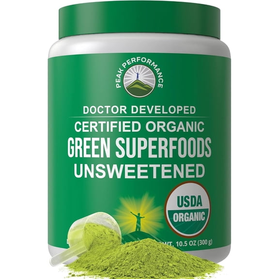Peak Performance Unsweetened Greens Superfood Powder Vegan, Gluten-Free, USDA Organic -1 Count 30 Servings