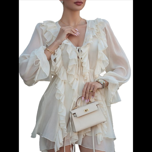 Vestidos de Verano para Mujer 2025, Minivestidos Bohemios, Casuales, de Larga con Volantes, Vestidos para Invitadas de Boda Beige S