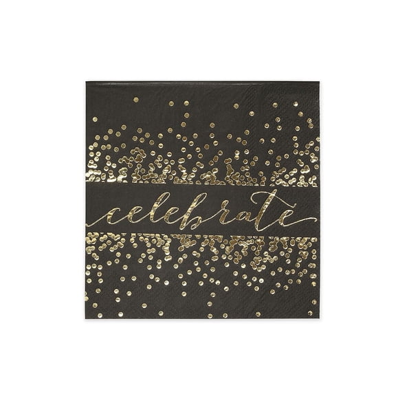 Celebrate Black and Gold Foil Napkins / 50 Cocktail Napkins / Birthday Graduation Anniversary Party Napkin Set