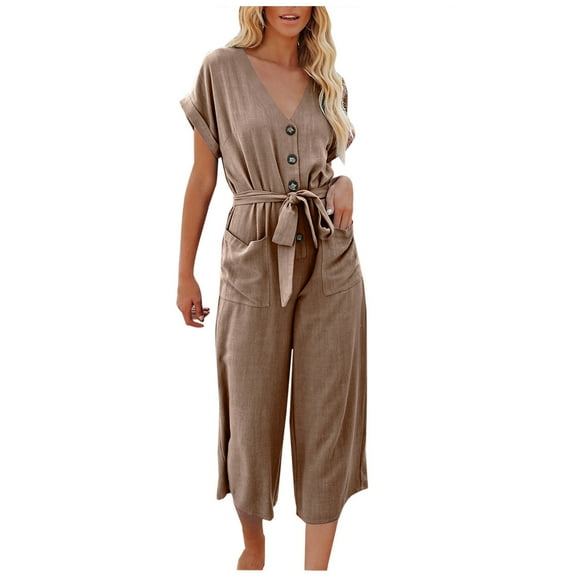 Maean Short Sleeve Jumpsuit for Women V Neck Button Bow Knot Straps Rompers Wide Leg Capri Pants with Pockets