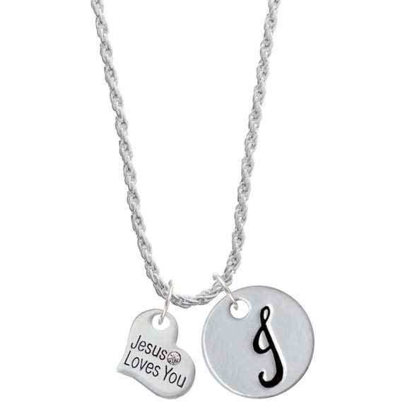 Delight Jewelry Silvertone Small Jesus Loves You Heart Silvertone Script Initial Disc - J - Charm Necklace, 20"+3"