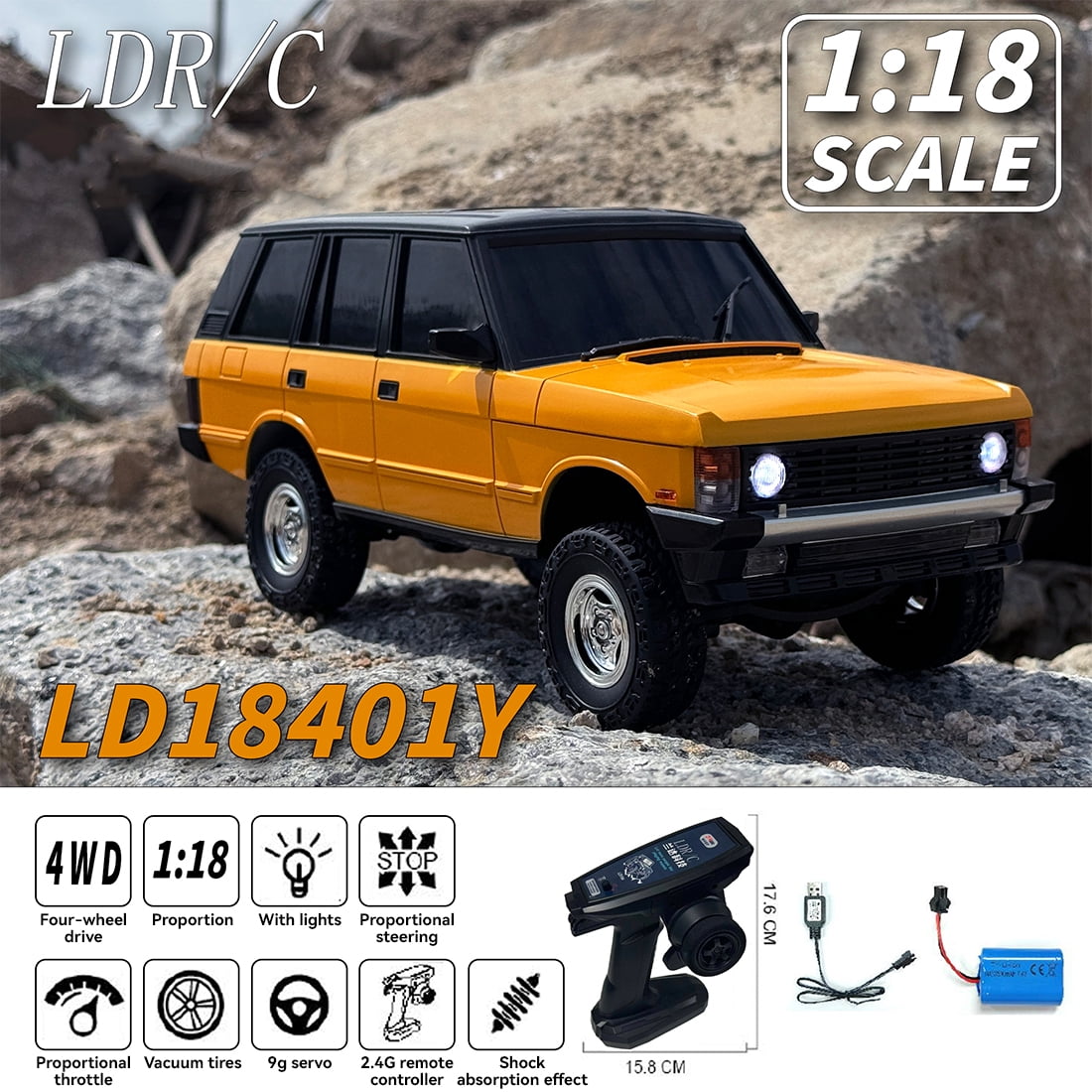 Off-Road RC Car, 1/18 Scale 2.4G 3CH 4WD RC Crawler Car with Flip-up Headlights, RTR Hobby Grade Collectible Model Gift for Adults & Hobbyists