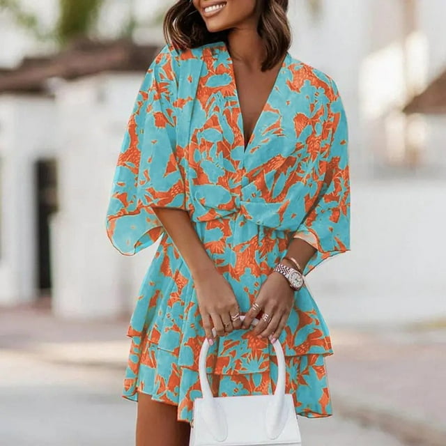 Robe Courte à Imprimé Floral pour Femmes, Plissée, Col en V, Cordon de Serrage, Taille Élastique, à Volants, Superposée, Robe Courte