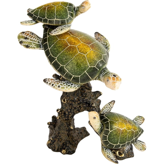 Sea Turtle Statue Triple Turtles Swimming on a Coral Reef Base Look  Coastal Home Decor Tabletop Collection (Green)