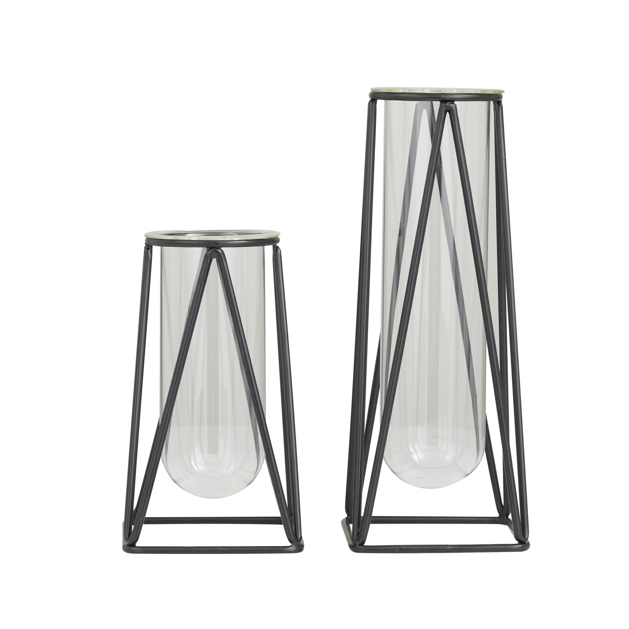 DecMode 13", 9"H Geometric Tube Black Glass Vase with Metal Stand, Set of 2