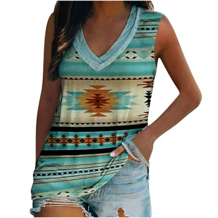 

Fashion Woman V-Neck Sleeveless Blouse T-Shirt Ethnic Retro Printing Loose Tops