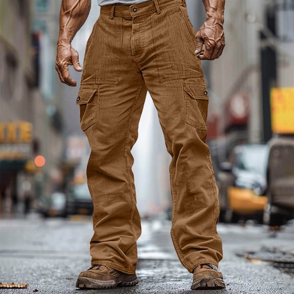 CQONEPT Tactical Pants for Mens Corduroy Outdoor Cargo Pants Button Fron Comfy Hiking Camping Trousers with Multi Pockets Orange M