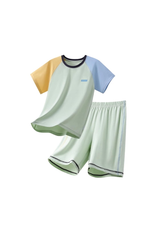 Boys Cotton Pajama Sets Size 8, Color Block Short Sleeve 2 Piece Casual Kids' Summer Sleepwear Green Size 8
