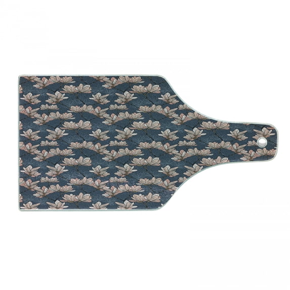 Flowers Cutting Board, Pattern with Magnolia Flowers in Japanese Style Tender Nature Garden, Decorative Tempered Glass Cutting and Serving Board, Wine Bottle Shape, Dark Blue Coral, by Ambesonne