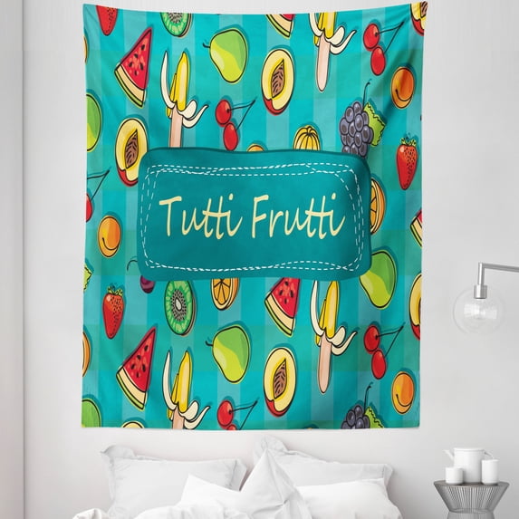 Fruit Tapestry, Tutti Frutti Lettering on Doodle Summer Natural Foods Backdrop, Fabric Wall Hanging Decor for Bedroom Living Room Dorm, 5 Sizes, Teal and Multicolor, by Ambesonne
