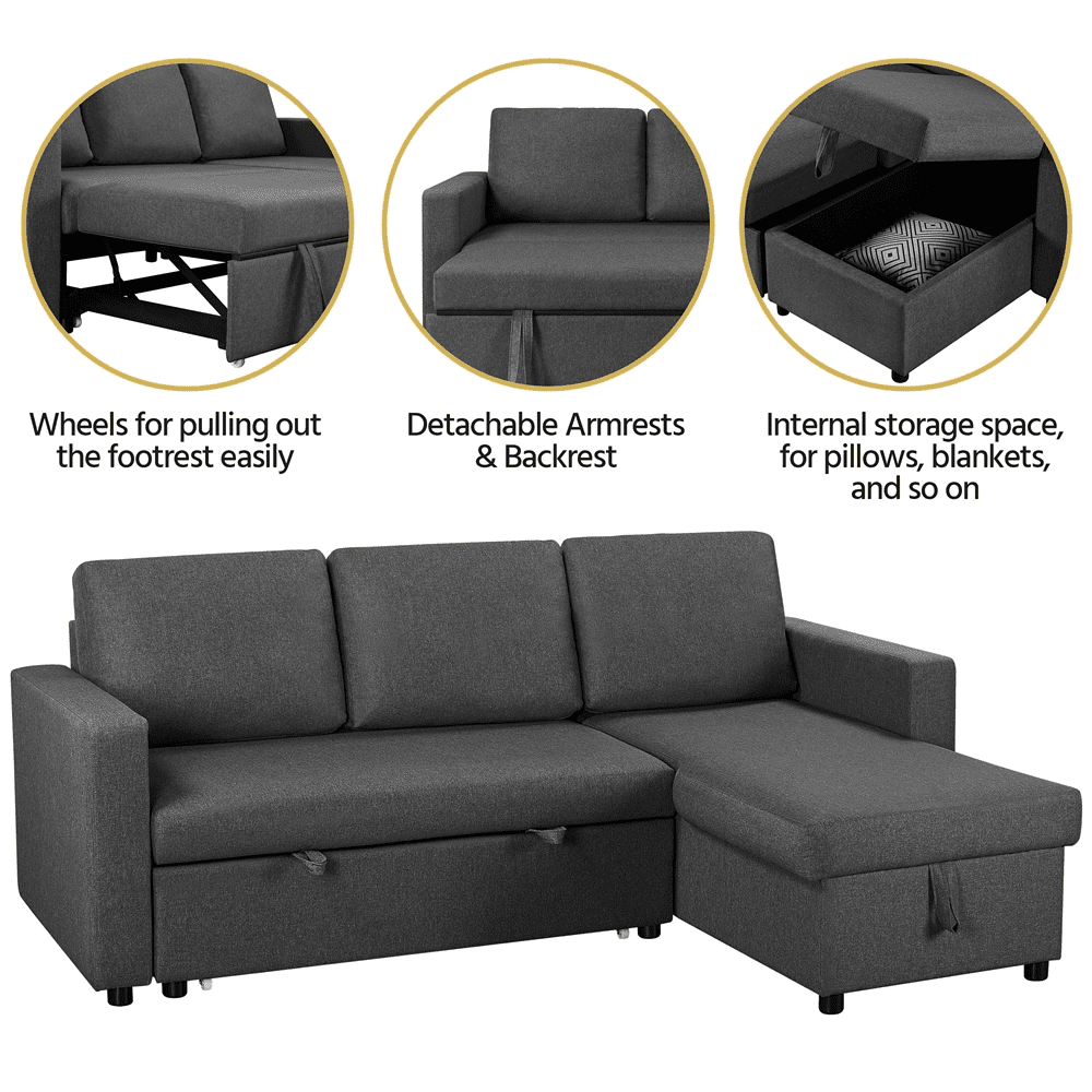 Renwick Reversible Sleeper Sectional Sofa with Pull Out Bed and Storage, Dark Gray
