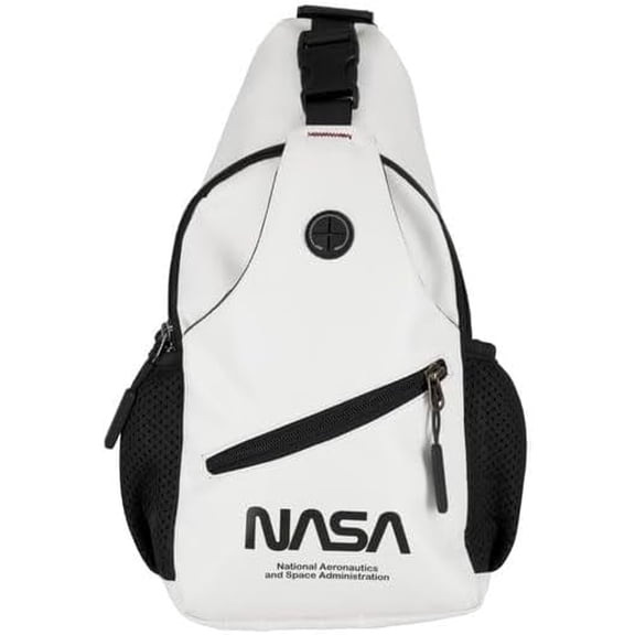 NASA Crossbody Bag with Water Bottle Holder - Durable Sling Bag with Heavy Duty Buckles & Zippers - Versatile Multipurpose Crossbody Bag Men & Women for Travel, Hiking, Running (Black/White)