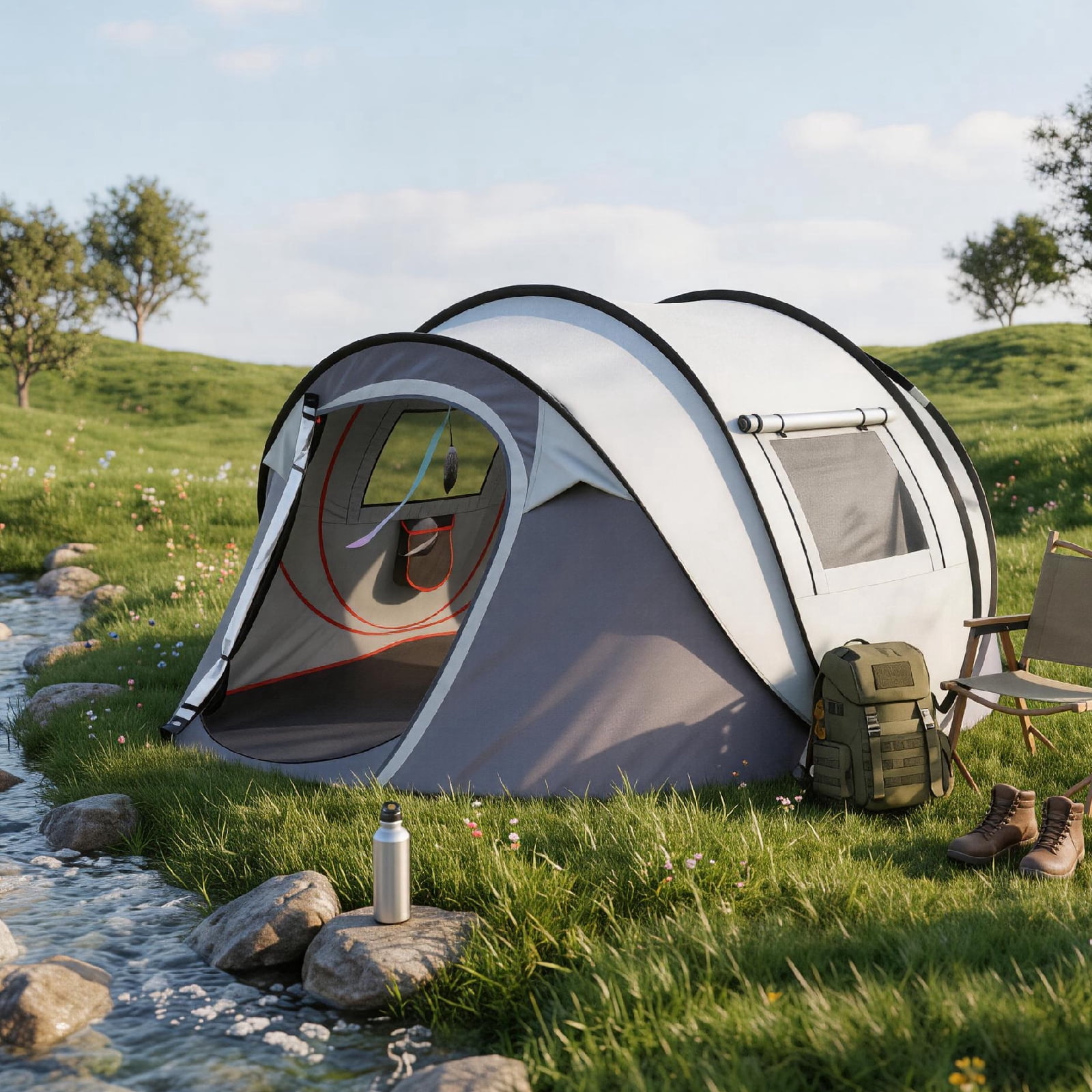4 Person Pop Up Tent for Camping, Waterproof Instant Family Tent with Front Awning, Automatic Tent Throw Pop Up Instant Flip Pop Tent for Camping, Light Gray